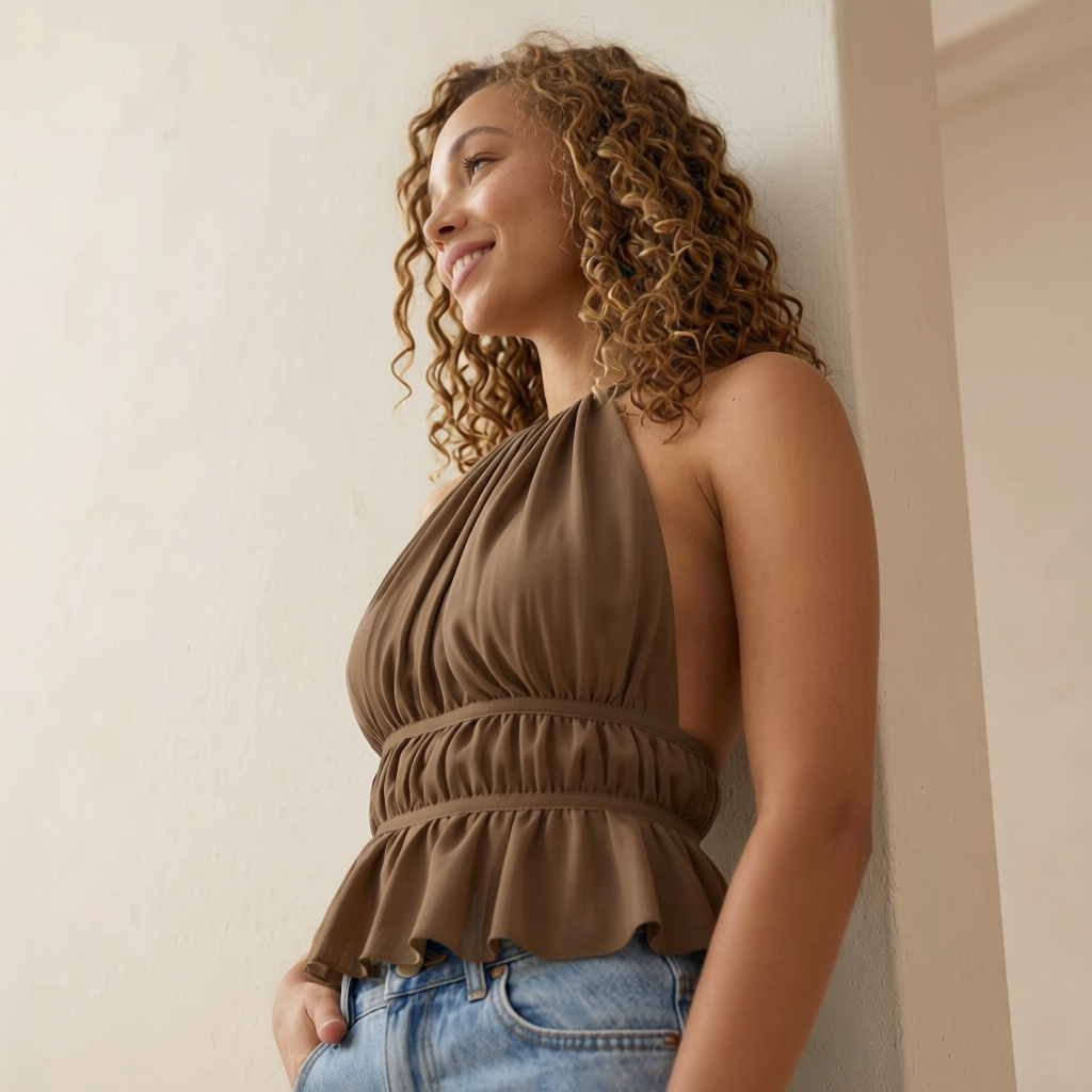 Top Drapeado de Cuello Cerrado Beige