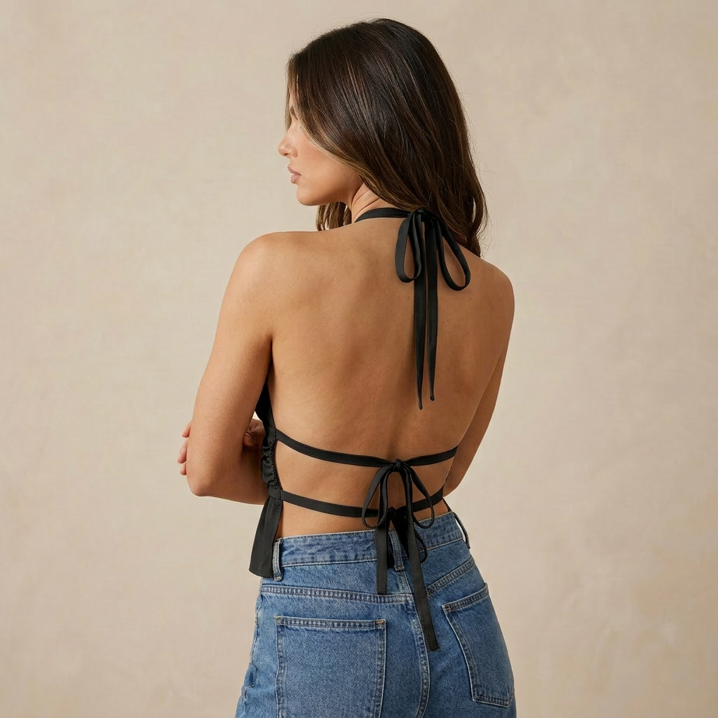 Top Drapeado de Cuello Cerrado Negro