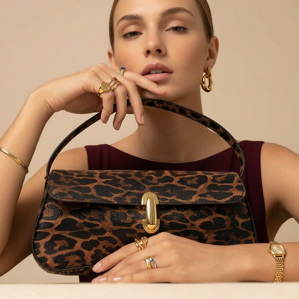 Bolso elegante con estampado de leopardo café