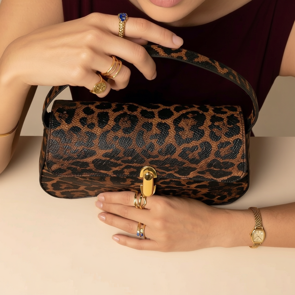 Bolso elegante con estampado de leopardo café