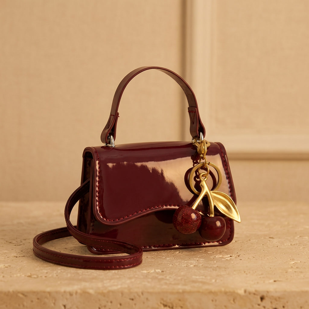 Bolso mini color borgoña con accesorio cerezas