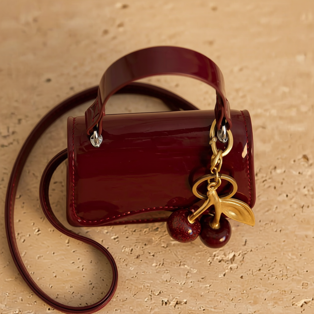 Bolso mini color borgoña con accesorio cerezas