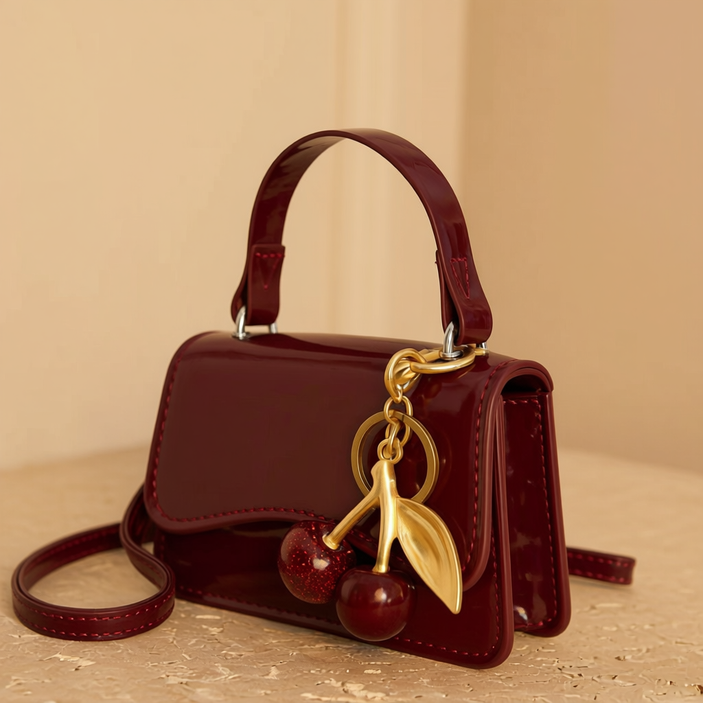 Bolso mini color borgoña con accesorio cerezas