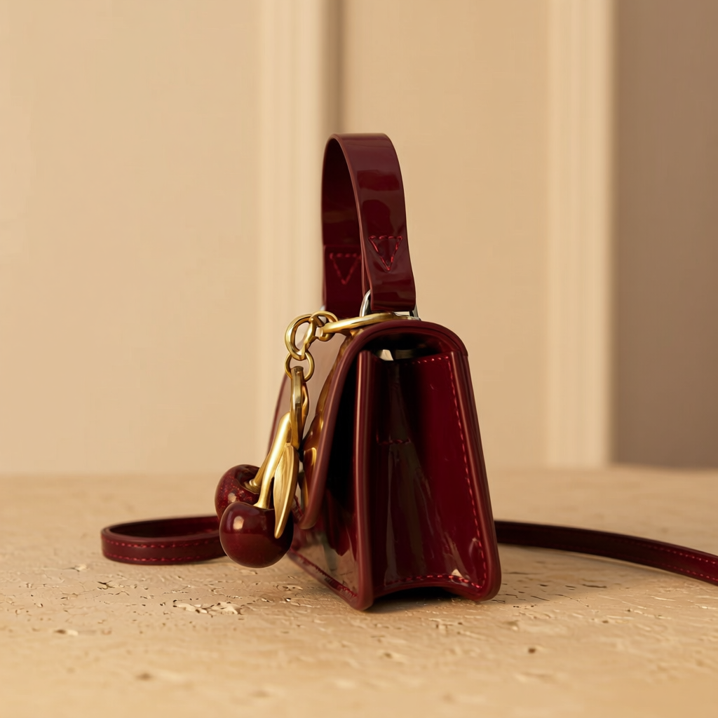Bolso mini color borgoña con accesorio cerezas